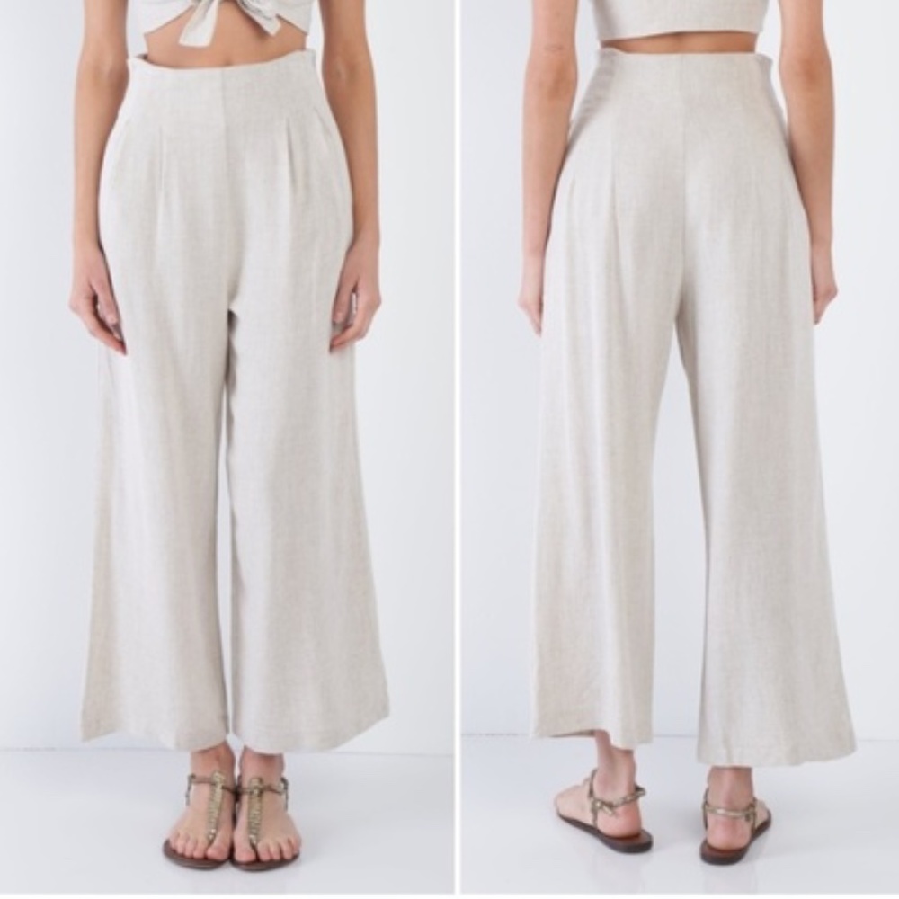 Oatmeal Beige Wide Leg Ankle High Waist Pant - Picture 2 of 10